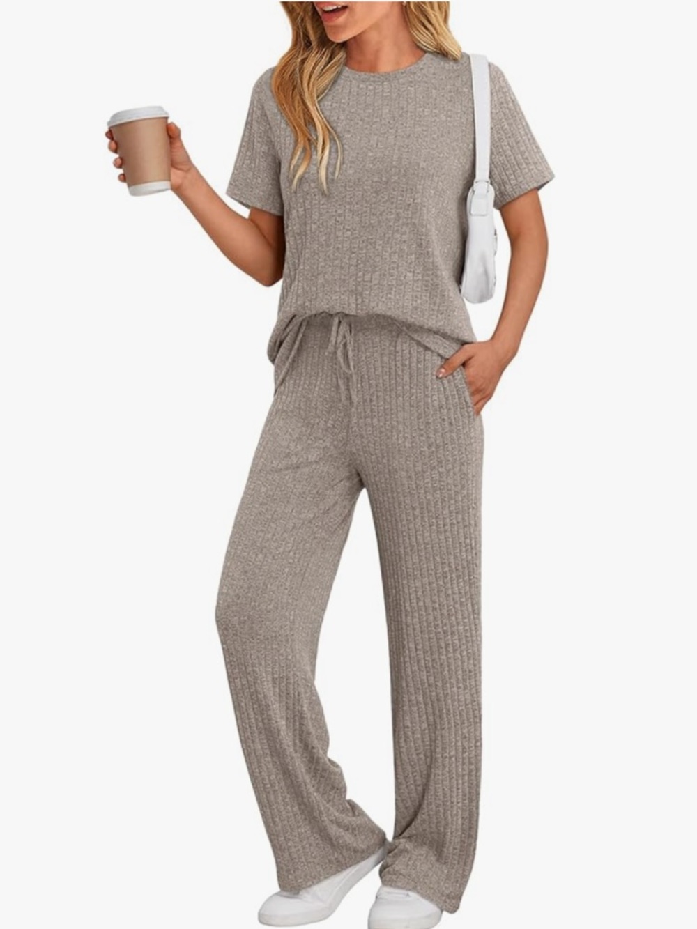 Soft Ribbed Lounge Set 2 Piece Matching Set Comfy Outfit Relaxed Fit Khaki - Picture 4 of 5
